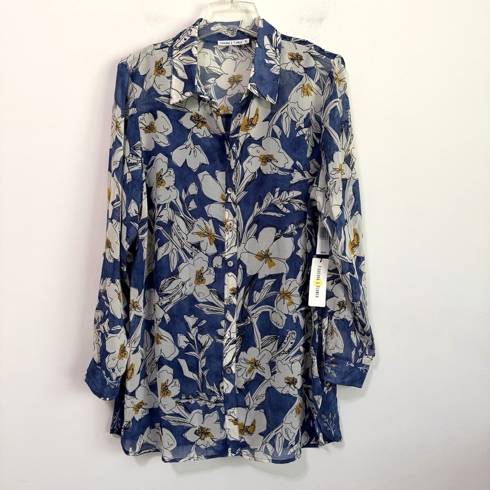 Figueroa & Flower Tunic XL Sheer Blue Floral Chiffon Tank Roll Tab Sleeve‎ NEW